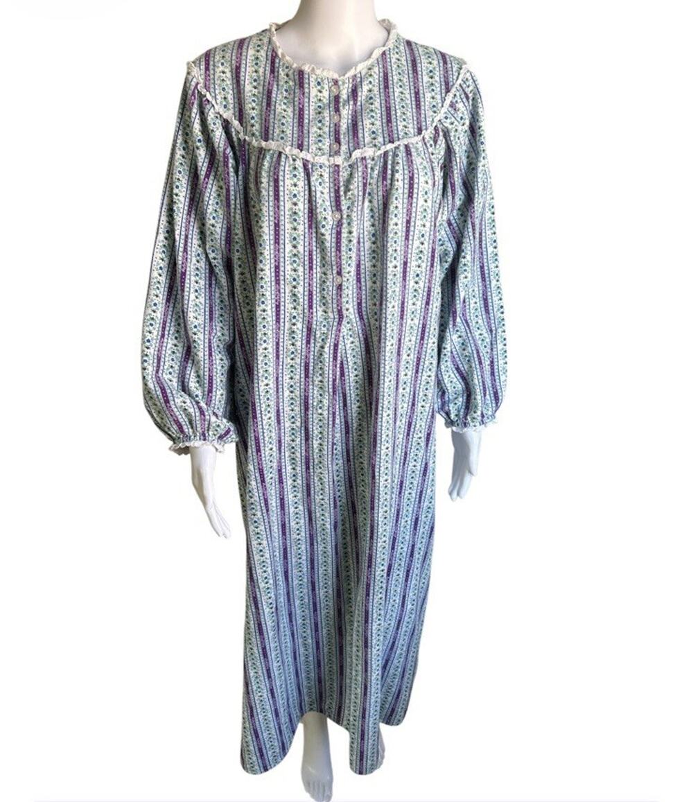 Lanz of Salzburg Women’s M Flannel Nightgown 100% Cotton Cottage Floral Stripe
